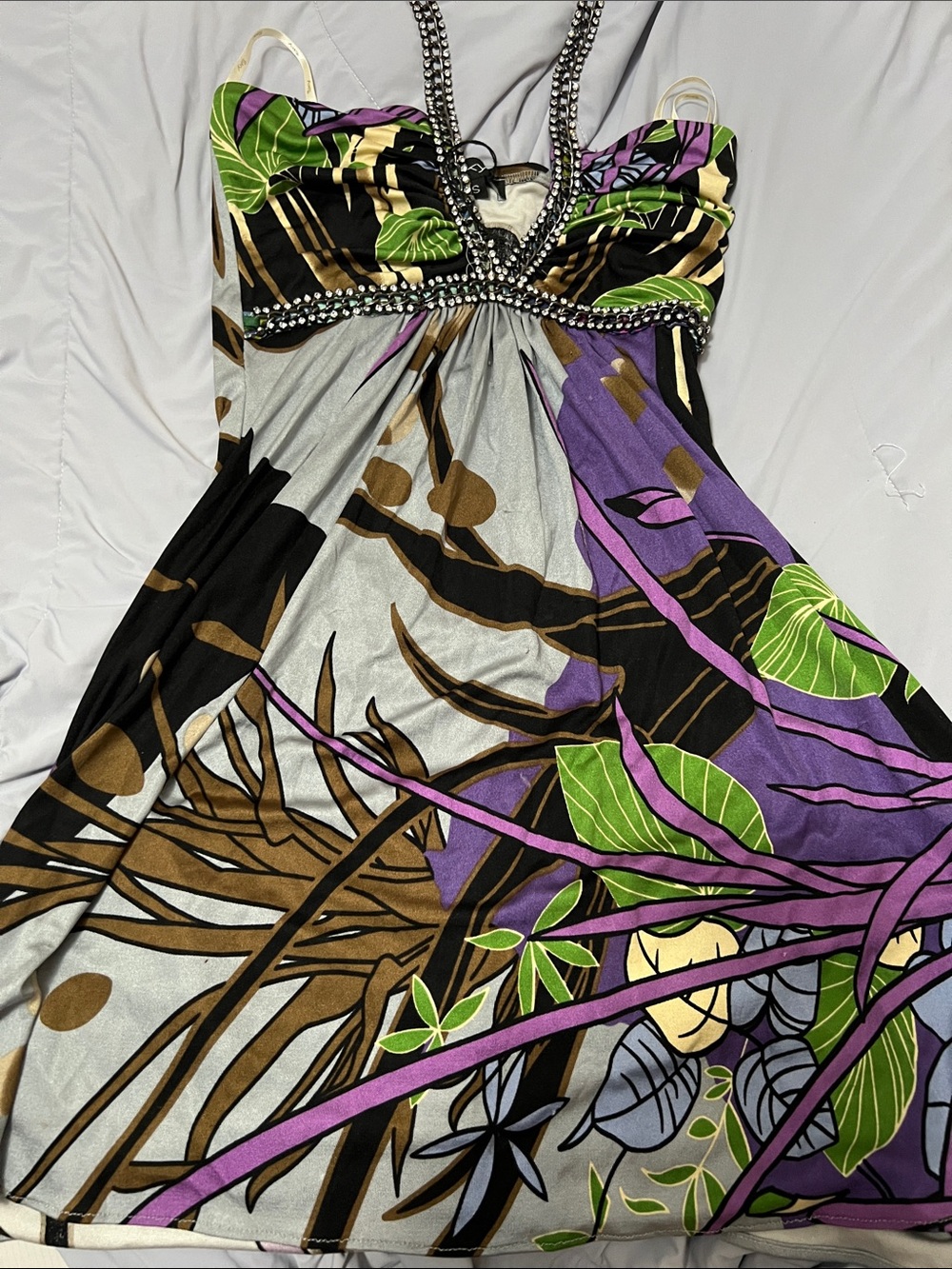 Sky Tropical Print Halter mini  Dress in Purple and Green